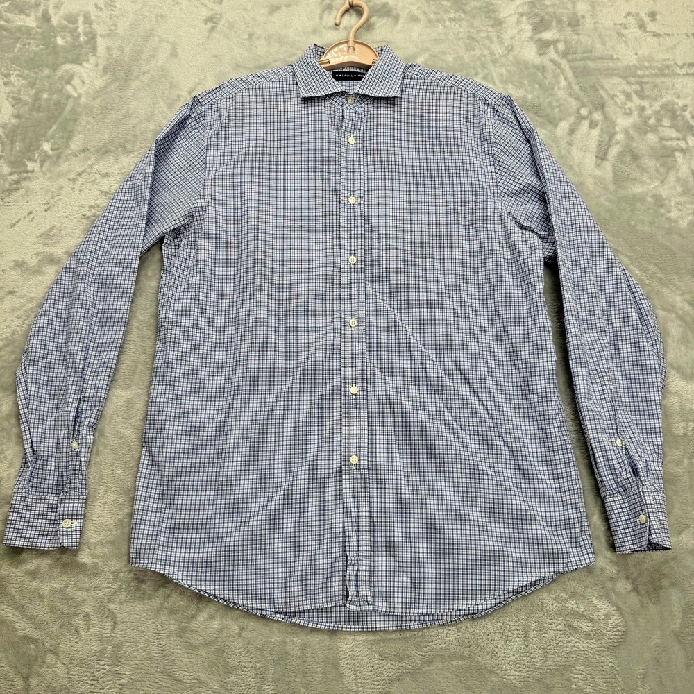 Ralph Lauren Black Label Men 16 Blue Gingham Check Button Cotton Long Sleeve